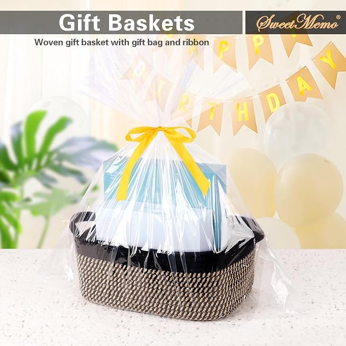 Gift Basket Empty with Handles, 12x8x5 inch - Small Woven Basket for Baby Nursery, Toys, Towels, Wedding, Birthday Gifting - With Gift Bag & Ribbon (Black Brown, 1PC)