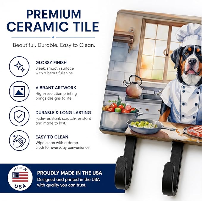Caroline's Treasures Greater Swiss Mountain Dog The Chef Leash or Key Holder Wall Hooks, Key Hooks Holder, Coat Rack Wall Mount, Coat Hooks, Hooks for Hanging Keys, Towels, Aprons, Leashes | Greater Swiss Mountain Dog The Chef artwork on ceramic tile w...