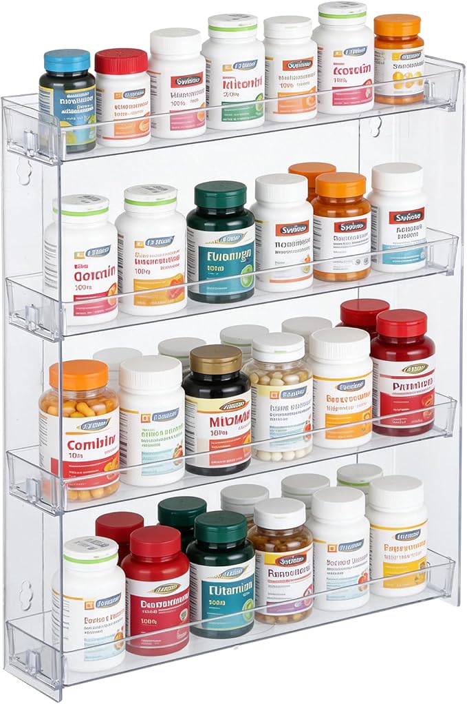 4-Tier Vitamin Storage Organizer, Medicine Organizer for Vitamin Bottles Pill Bottles Holder Rack for Countertop, Bathroom Cabinet Storage Items Are Clearly Visible