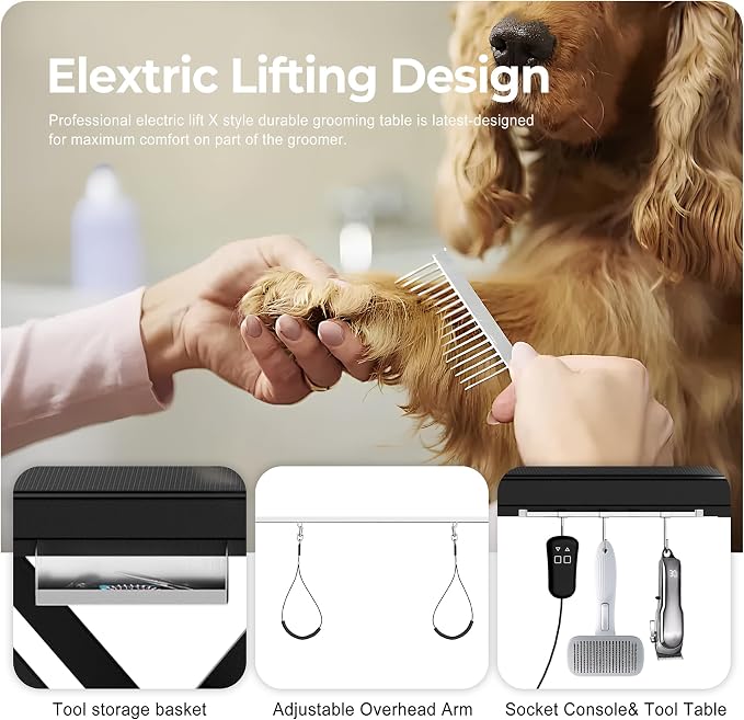 Electric Dog Grooming Table for Large Dogs - Professional Heavy Duty Height Adjustable Home Indoor Pet Grooming Station with Grooming Arm, Anti Slip Tabletop & Tool Organizer, 50''/Black