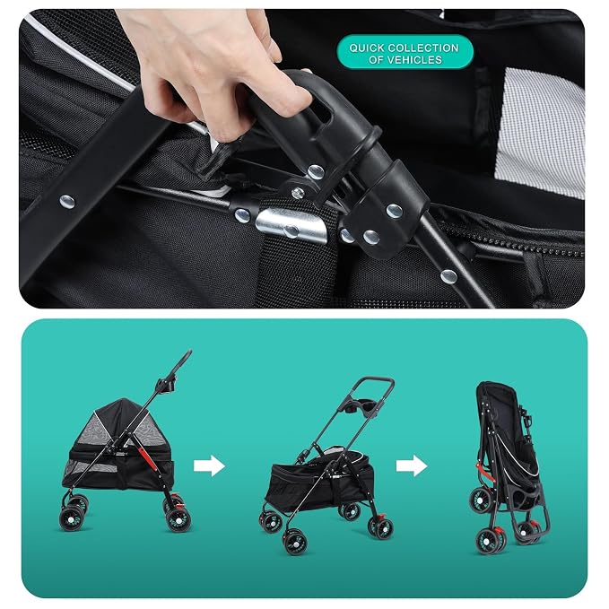 4-Wheel Pet Stroller, Dog and Cat Stroller, Breathable Visible Mesh, Lightweight Travel Carrier, Waterproof & Foldable Design, Storage Organizer and Cup Holder, for Daily Walks & Outdoor Use Black