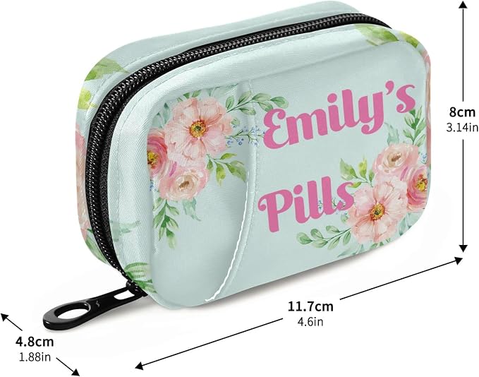 Custom Pill Box 7 Day Pill Case Bag Pink Flowers Watercolor Personalized Name Travel Pill Organizer Bag with Zipper Portable Weekly Case Compact Size for Vitamin Supplement Holder