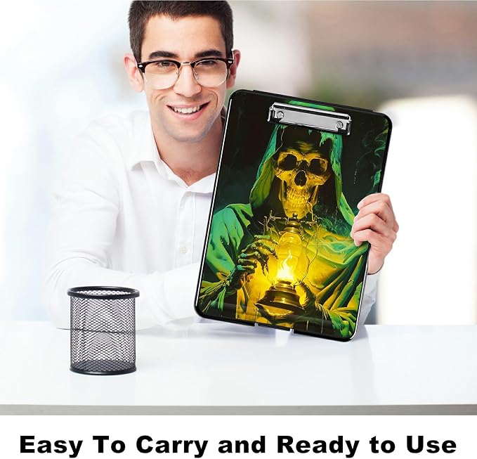 Green Skull Flame A4 Clipboard with Storage Pen Holder, Clipboards Organizer Nursing Clipboard Foldable File Folder Plastic Clipboard Folio Clip Board for Office Students Classroom Doctor