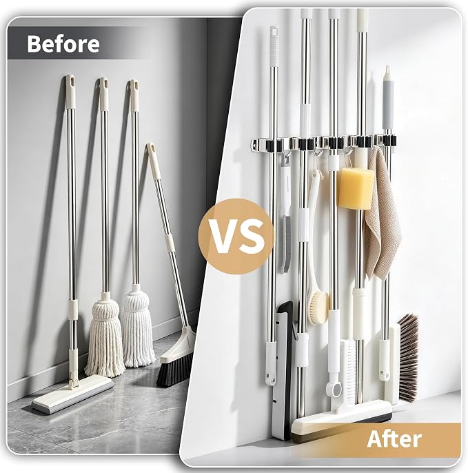 Broom Holder Wall Mount, Mop Organizer, 5 Racks, 4 Hooks, Heavy Duty | Rust-Resistant Stainless Steel, Non-Slip Grip, Adhesive or Screw Mount for Garage, Laundry Room and Garden Use, 1 Pack,Silver