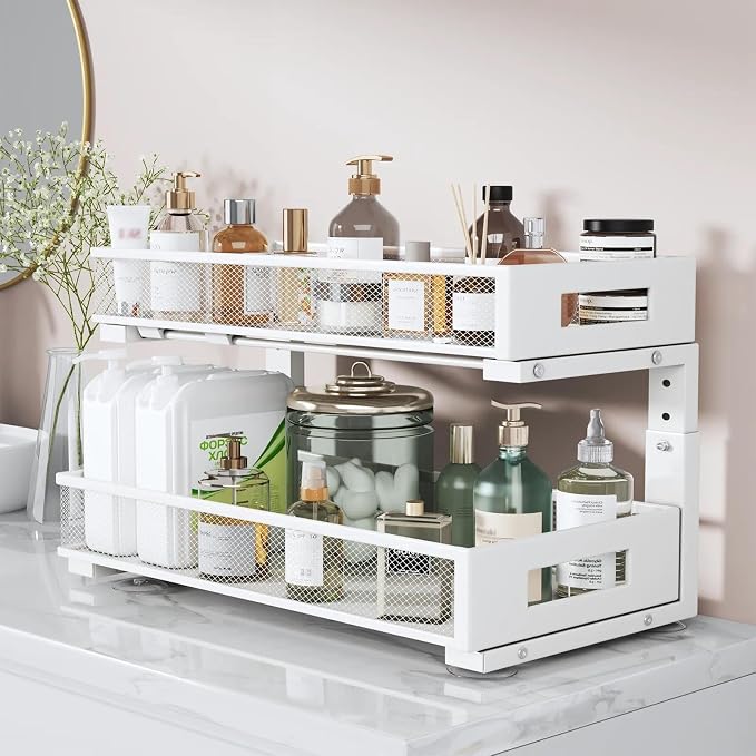 2 Packs 21IN Depth Under Sink Organizer, 2-Tier Pull Out Cabinet Organizer With Smooth Circular Rail, Large Capacity Metal Mesh Sliding Drawers For Bathroom& Kitchen Storage,Height Adjustable –White