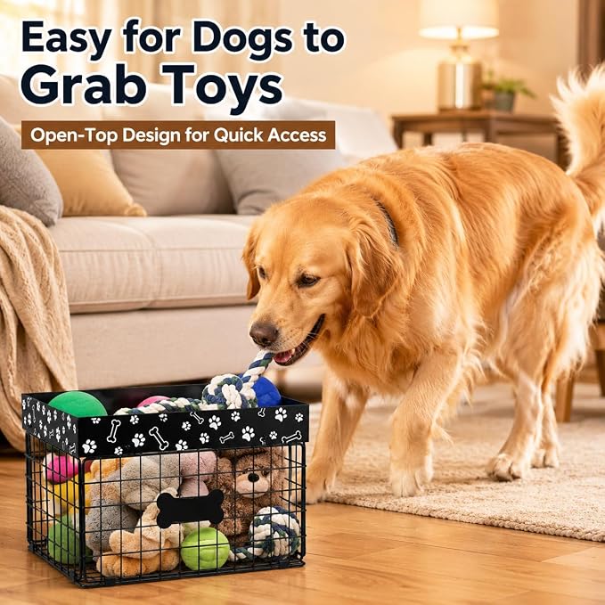 Metal Dog Toy Basket for Living Room, Foldable Dog Toy Storage Bin with Personalized Bone Label, Chew Resistant Pet Toy Organizer Basket, Durable Wire Dog Toy Box for Balls, Ropes, Plush Toys