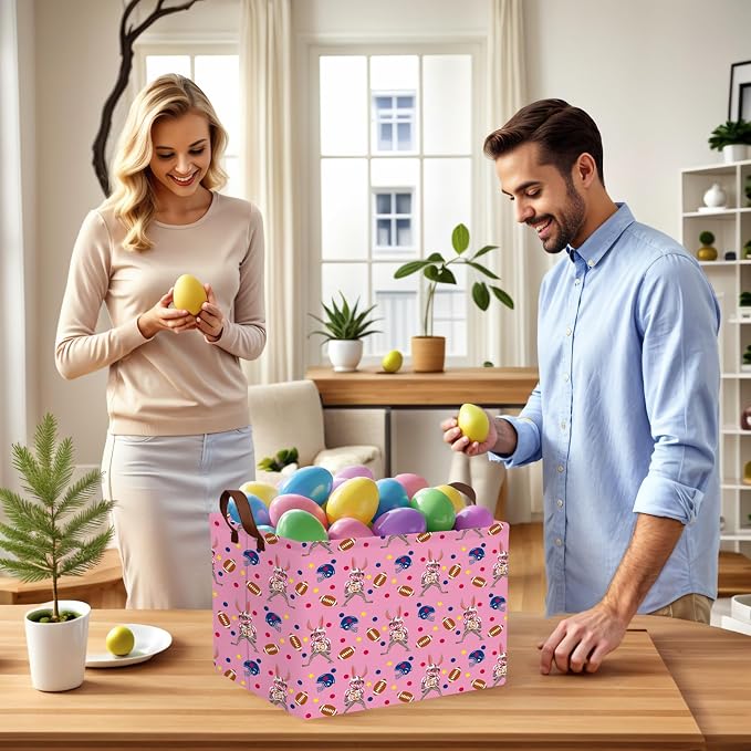 Large Cute Easter Basket for Kid Empty Gift Baby Rectangle Storage Bin Bunny Eggs Boy＆Girl Room Décor (Rabbit Rugby Pink)