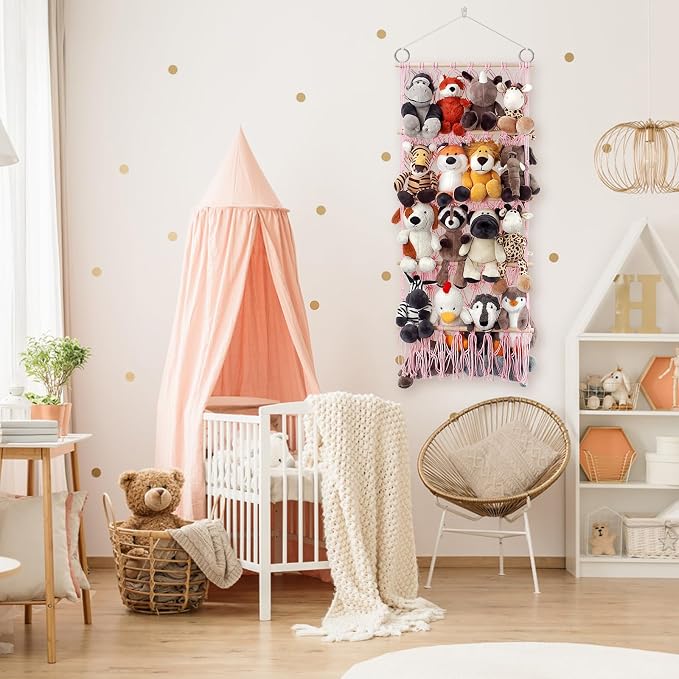 Stuffed Animal Net or Hammock Large Plushie Net Corner 4 Layer Toy Storage | Handmade Stuffed Animal Hammock Net with Boho Macrame Design Corner Organized Saves Space Holder Hanging for Plush Toys Pink
