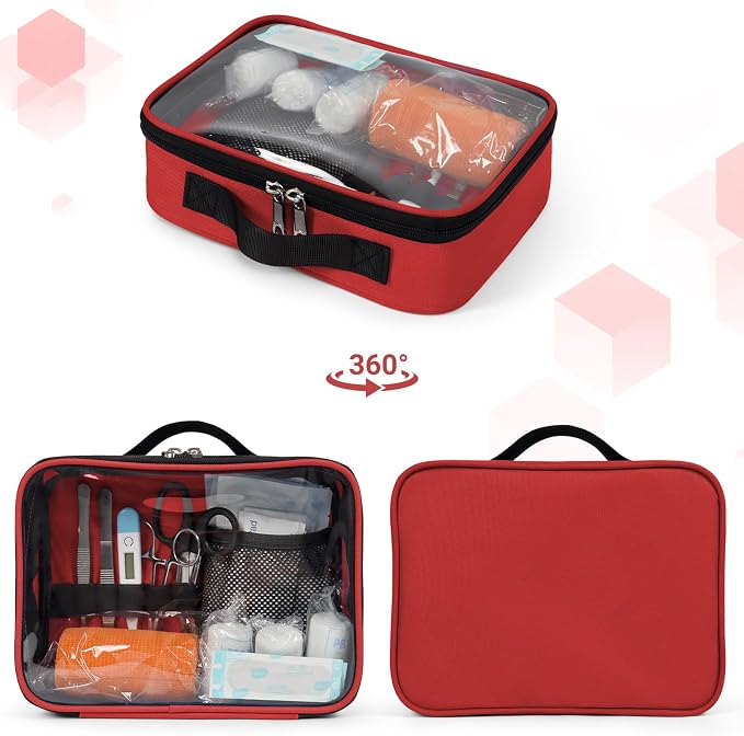 Empty First Aid Bag Clear PVC Waterproof Organizer Pouch Zipper Colored First Aid Kit for EMT Outdoor Travel (Red)