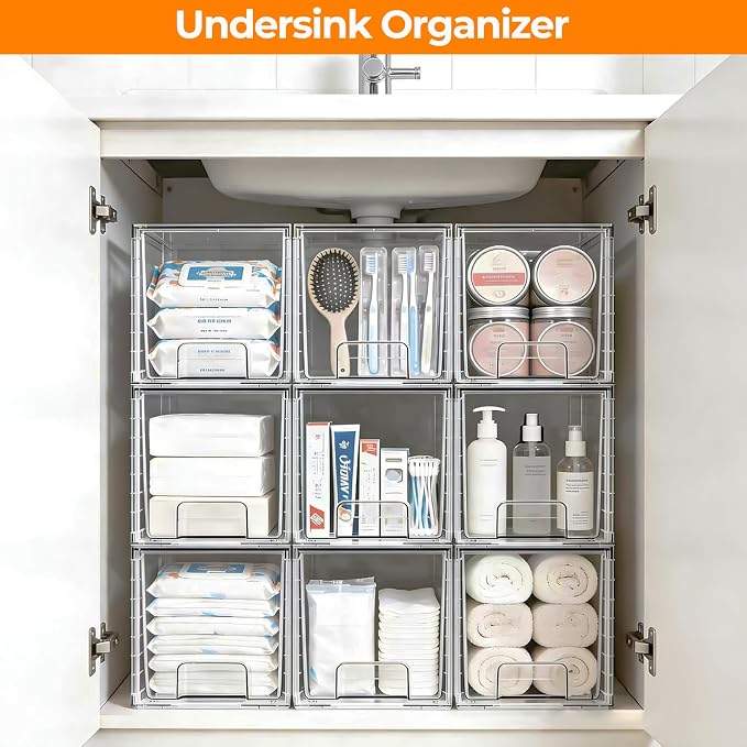 6 Pack Stackable Acrylic Storage Drawers – Clear Plastic Organizer Bins, Easy to Assemble, Suitable for Bathroom, Undersink, Kitchen, Pantry, Makeup, Medicine Organization