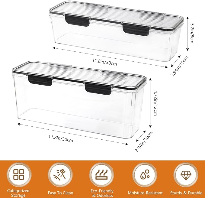 2-Pack Stackable Fridge Organizer Bins with Lids, Clear BPA-Free Food Storage Containers for Refrigerator, Fruits, Vegetables, and Drinks (Black)