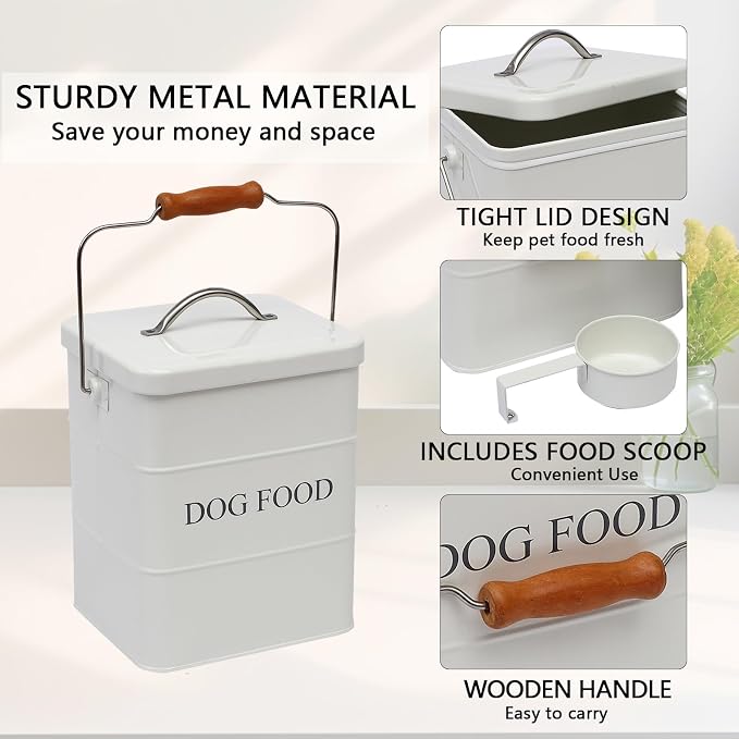 Morezi Dog Food Treat Storage Container with lid Scoop Included - Perfect Farmhouse Dog Food Bin for Kitchen Countertop, Shelf, Decoration Home - Dog Food - White