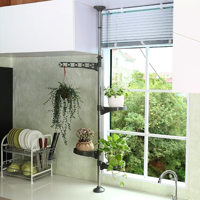 BAOYOUNI Plant Stand Tension Rod, 3 Trays+1 Arm Adjustable Grey | Window Sill Flower Display Rack, Vertical 4-Tier Corner Storage，Indoor Pole Hanger for Counter Top & Home Decor