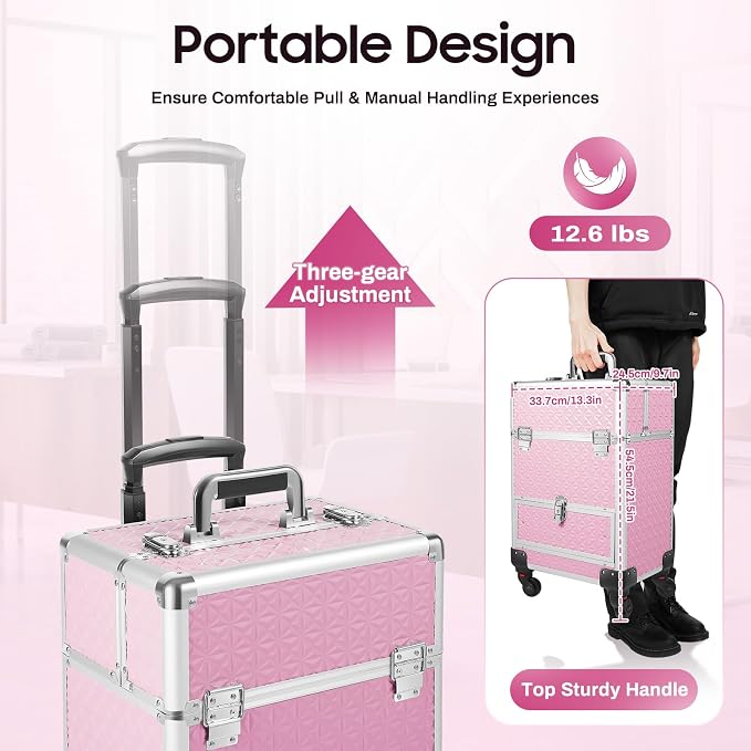 13.4*9.8*18.5in Rolling Nail Case Wheeled Manicure Storage Case Polish Organizer 44.09lbs Professional Makeup Trolley for Studio or Travelling Nail Technician Artists Cosmetologist Stylist (Pink)