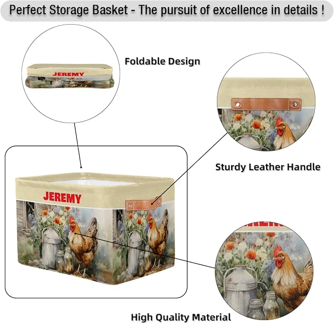 Custom Storage Baskets for Kids with Name, Large Foldable Organizer Collapsible Storage Bin with Leather Handle for Home Toys Closet Nursery, Farmhouse Hen Countryside