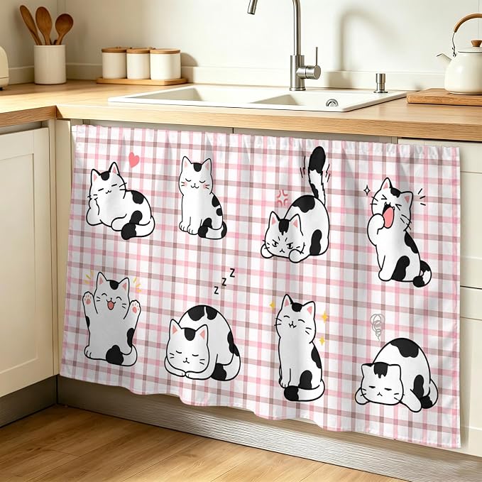 Cute Cat Cabinet Curtain 28"Wx51"L,Dustproof Storage Cabinet Curtain with Self Adhesive Tape,Modern Playful Pet Cats Pink Brown Plaid Tall Pantry Cover Drape for Kitchen,Laundry Room,Utility Closet