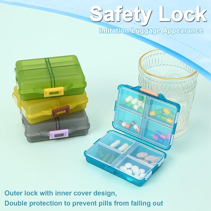 Daily Travel Pill Case Organizer, Small 8 Compartment Medicine Box | Pill Dispenser, Compact Purse Portable Pill Reminder Perfect for Storage Vitamin, Fish Oil, Calcium Tablet, Peacock Blue