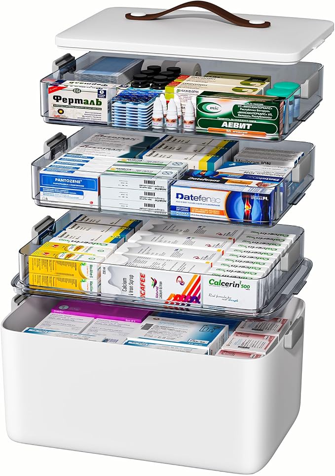 JOYBOS 4-Tier Medicine Organizer Storage Box with Lid and Leather Handle, Portable Latch Bin for Pill Bottle, First Aid, Sewing, Art, Craft