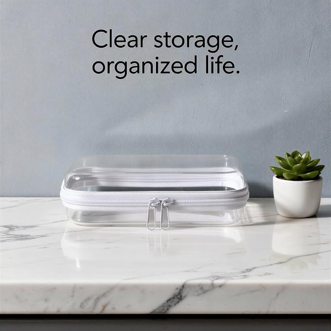 2 Pcs Clear Hard Shell Zipper Pouch, 7.9 x 4.7 x 2.0 in Small Clear Makeup Bags with Zipper, PET Rigid Makeup Organizer Storage Bag for Travel Toiletries and Stationery