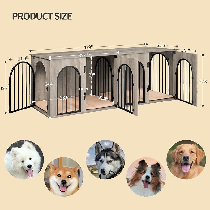 Hzuaneri 70.9" Double Dog Crate Furniture, Dog Kennel Indoor with Cushion | Heavy Duty Dog Crate Furniture for 2 Dogs,Dog Cage End Table TV Stand with Divider for Med-Large Dogs,Greige Black DFC81905B