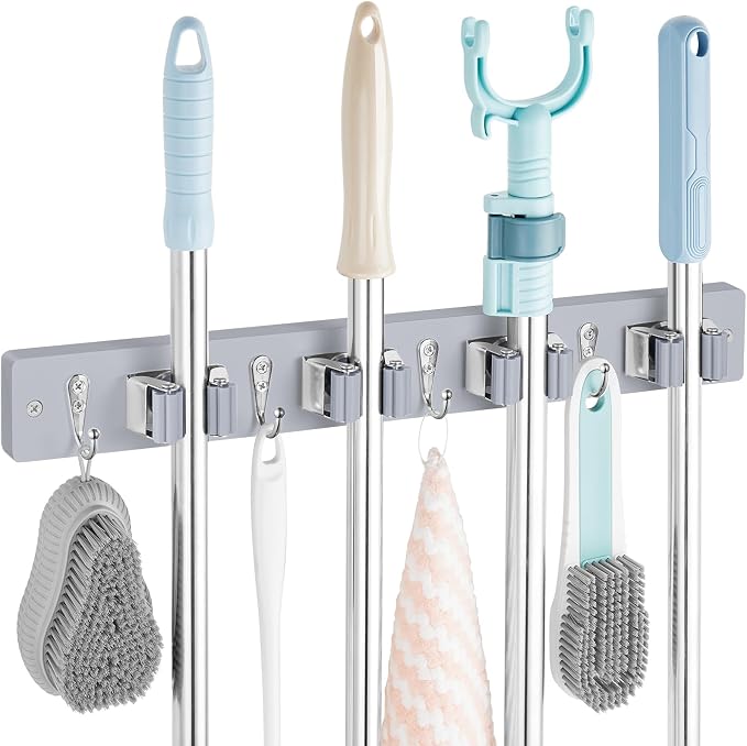 OUTNILI Gray Mop Broom Holder Wall Mount with 4 Slots & 4 Hooks - Wood Broom Mop Hanger for Pantry Closet Laundry Room Organization - Heavy Duty Garden Tool Organizer