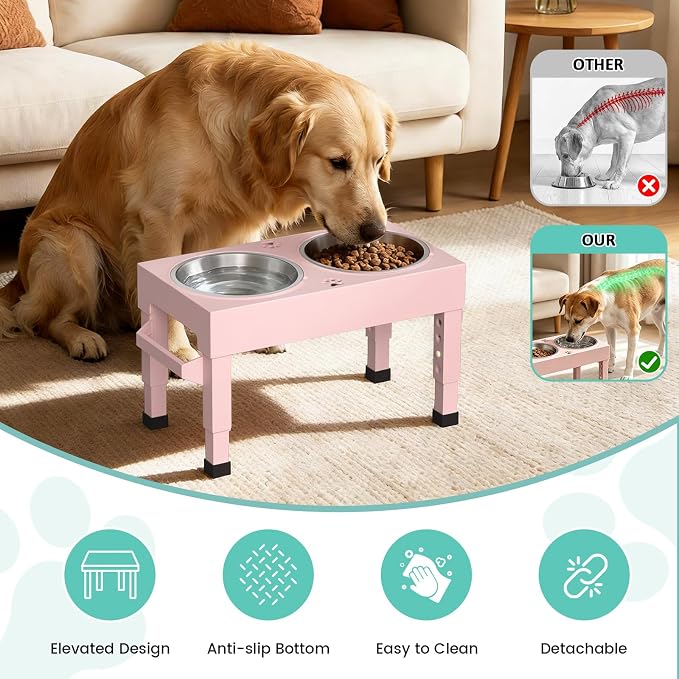 Elevated Dog Bowls Stand Large Breed, Height Adjustable Raised Dog Bowls Holder with 2 Stainless Steel Food Bowls for Small, Medium and Large Canine，Pink