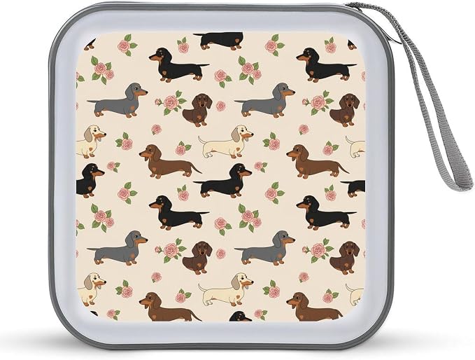 Hard Shell DVD CD Organizer Cute Dachshund Floral, 40-Disc Storage Binder with Zipper Closure, Portable Protective Case for Travel Home