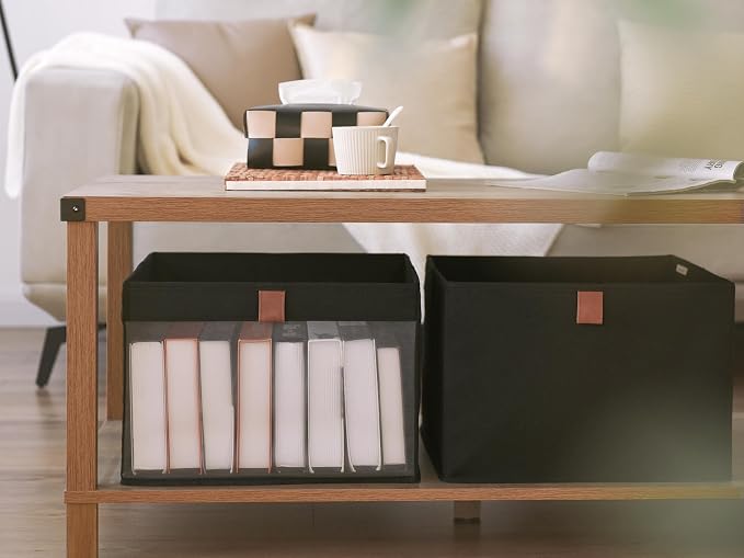 StorageWorks Fabric Storage Bins, Collapsible Storage Basket, Black, 3-Pack | See-Through Mesh Front, Soft Leather Handles, Flip to Show/Hide, Breathable Fabric, Holds Coats, Towels, Blankets, Toys
