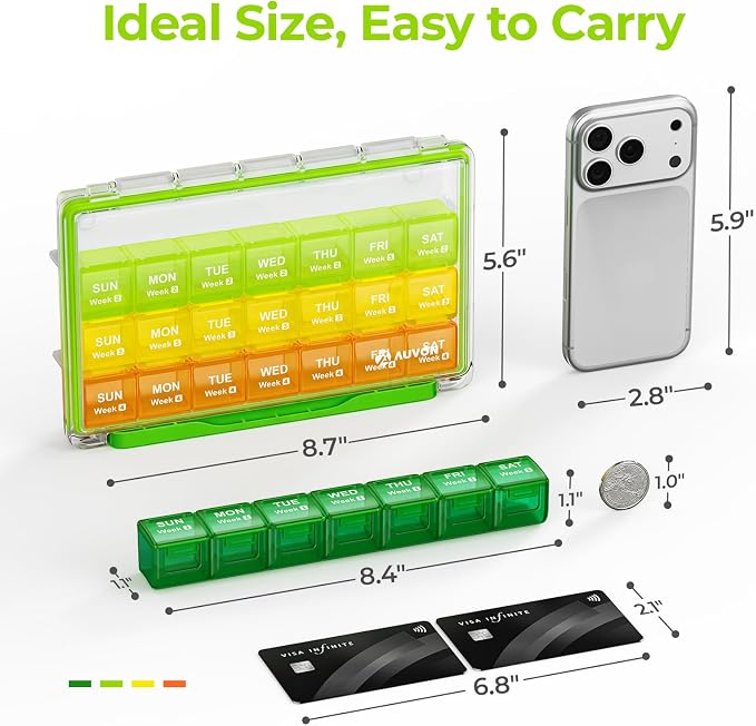 AUVON Moisture-Proof Monthly Pill Organizer, Large 28-Day Compartments | Pill Box Case with Removable 4 Weeks Medication Organizer Rows for Fish Oils, Vitamins, Supplements, Medications, BPA-Free