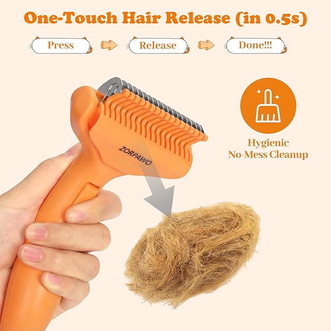 Undercoat Rake & Self-Cleaning Deshedding Brush for Dogs & Cats, Removes Mats & 95% Loose Hair, Grooming Tool for Long Hair Pets - Orange