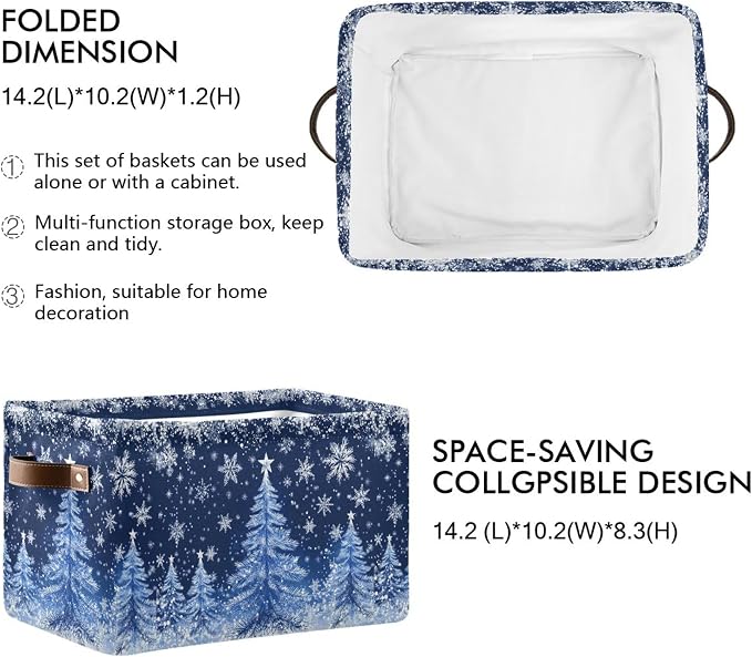 Blue Christmas Tree Storage Basket with Waterproof Liner and PU Handles Sliver Winter Snowflake Xmas Storage Boxes 14.2" Collapsible Decorative Organizer Baskets for Bedroom Closet Office 1 Pack