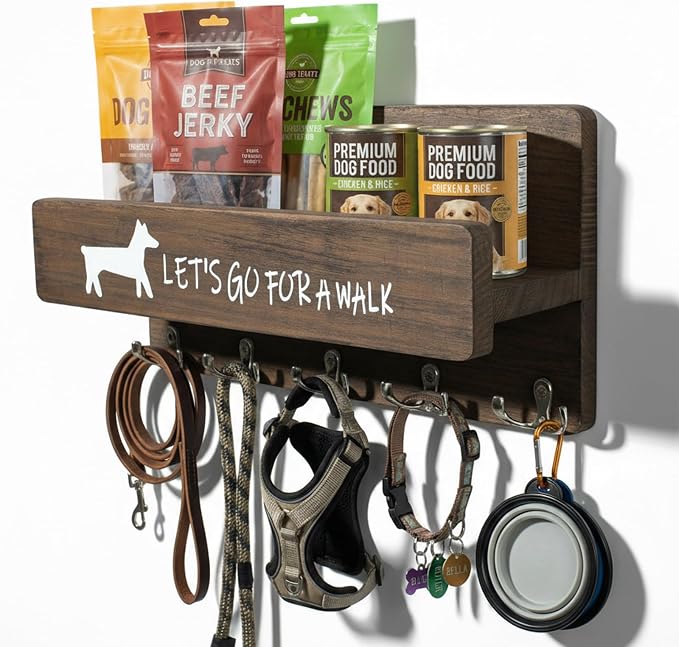 Wood Dog Leash Holder for Wall, Key Hanger with 5 Double Key Hooks | Dog Leash Hanger Wall Mounted for Entryway, Farmhouse Treats,35cm,Brown
