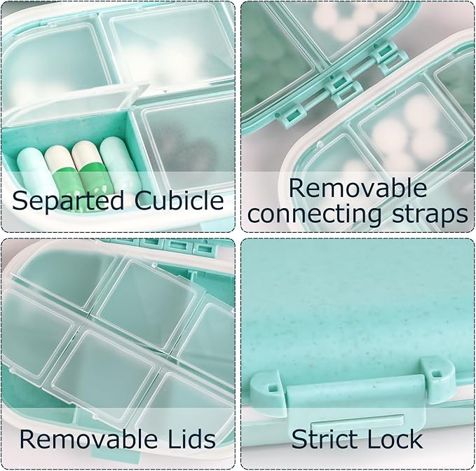 1Pack Travel Pill Organizer & 56 Medicine Name Stickers, Blue | [8 Compartments Portable Pill Case] [Small Pill Box for Pocket Purse Portable Medicine Vitamin Container]