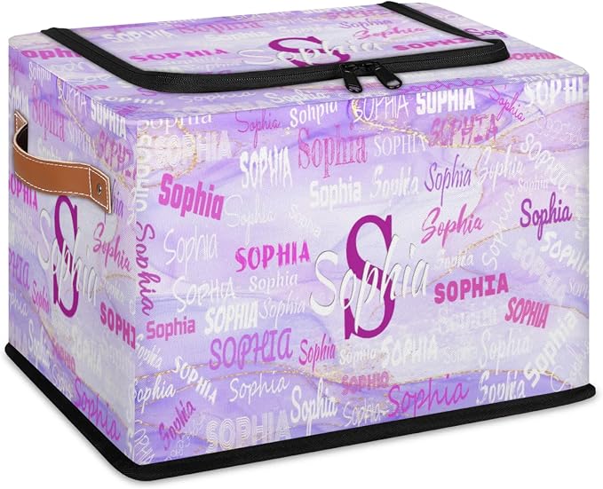Custom Rectangle Storage Basket Zipper Lid, Personalized Name Organizer Bin for Pet/Children Toys, Books, Clothes, Perfect for Rooms/Playroom, Light Purple Marble Texture