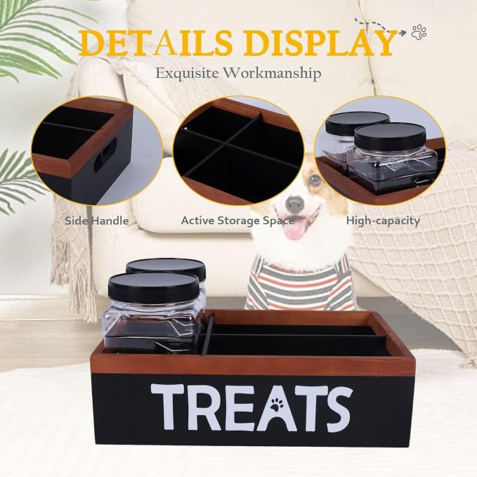 Pethiy Dog Treat Organizer Box with 2 Plastic Jars & Compartments | Wooden Pet Supplies Organizer for Countertop,Pet Treat Storage Box with Dividers pet treat storage with handle dog
