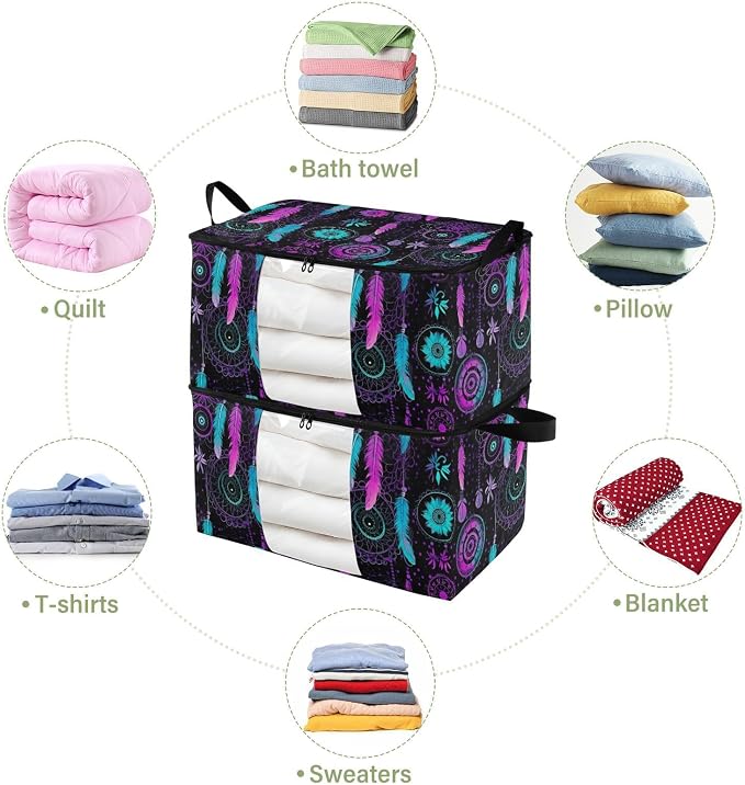 Generic Colorful Dream Catchers Clothes Storage Bag Bins 2 Pack Foldable Storage Containers Large Closet Organizer with Zipper Storage Cubes for Clothing Pillows Comforters 60L