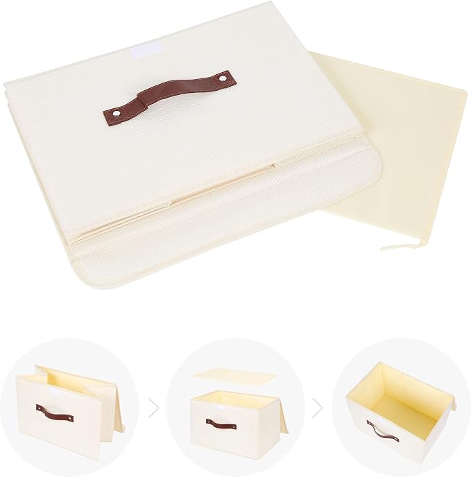ANMINY Fabric Storage Box Bins with Lids, Beige, 15"x10"x10" | Keepsake Memory Storage, Cotton Linen, PP Board Reinforced, Washable, PU Handles, Foldable & Stackable, Decorative, Large