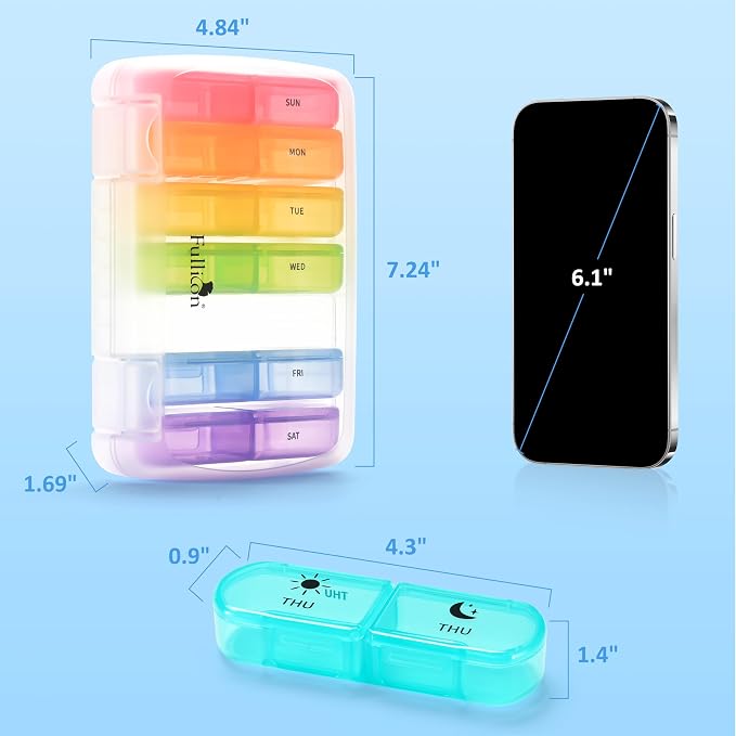Fullicon Large Portable Pill Organizer 2 Times a Day, Clear Rainbow | Each Compartment Holds 10 Fish Oils or 16 Vitamins, Lid Stays Open Reliably, Double Secure Lock, Durable Hinges, Fits Purse