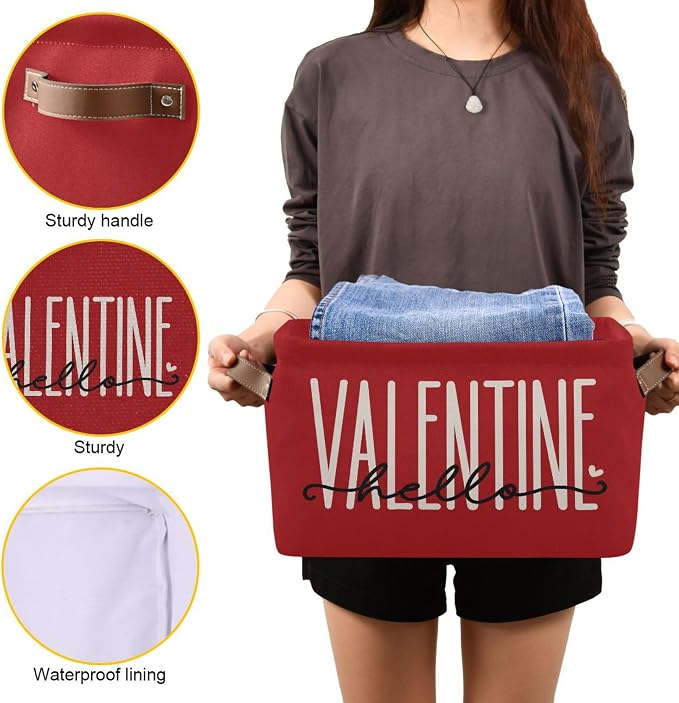 Happy Valentine's Day Red Storage Basket with Waterproof Liner and PU Handles Hello Valentine Love Gift Storage Bins Boxes 14.2" Collapsible Decorative Organizer Baskets for Bedroom Closet 2 Pack