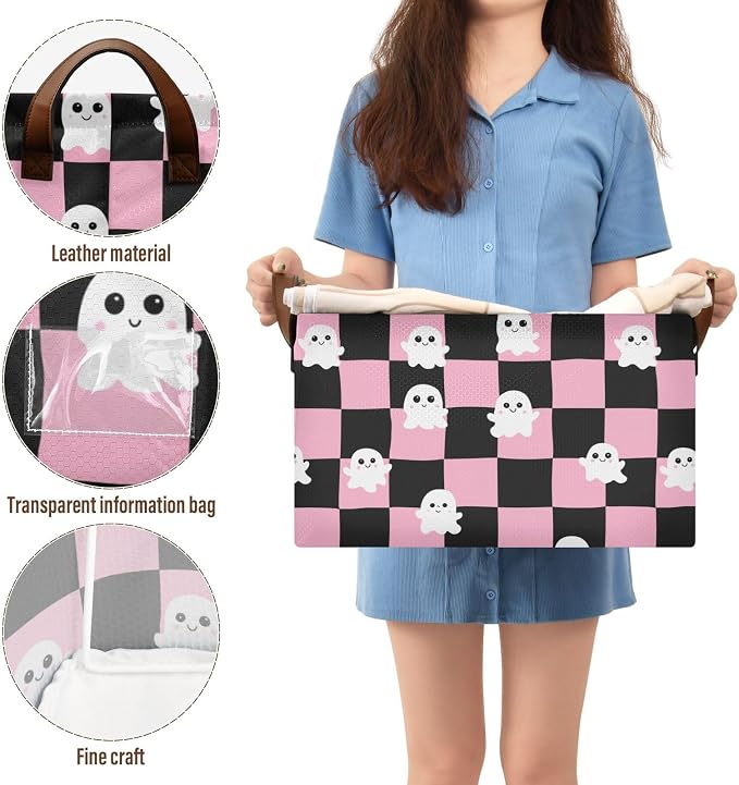 Pink and Black Checkered Ghost Storage Basket Foldable Cube Storage Bins with Handles&Label Waterproof Organizer Box Bin Large Rectangle Decorative Baskets for Shelves Home Room Laundry, 2 Pack