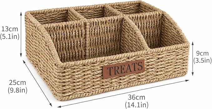 Bratod Dog Storage Organizer Wicker Basket,Dog Treat Container Bin for Countertop,Pet Treats Box with Dividers,Dog Cat Can Food Storage Bin,Pet Treat Station-Natural Woven Seagrass