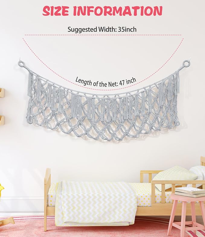 Stuffed Animal Net Hammock, Save Space Eliminate Clutter (Light Grey) | Premium Cotton Hand-knitted plush hammock, Boho Stuffed Animal Storage for Nursery, Bedroom Decor, playrooms