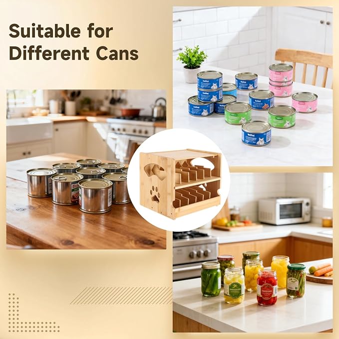 Wooden Cat Food Can Organizer, FIFO Can Storage Rack with Auto Rotation, Two Tier Pet Food Holder for 36 Cans 3 oz, Space Saving Countertop Organizer for Pantry and Kitchen Storage