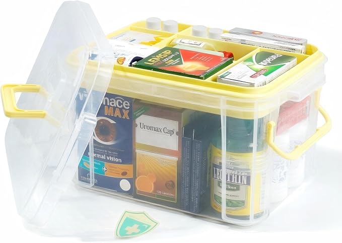 HEY FOLY 15qt Yellow Medicine Organizer Storage Box with Tray, Plastic First Aid Box Empty, Thickened Medicine Container Chest, Multipurpose Medical Case with Labels, Medicine Caddy with Lids Handles