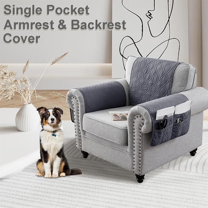 Waterproof Armrest Chair Covers with 6 Side Pocket 1 2 3 Seater Anti-Slip Chair Headrest Cover Armchair Slipcover Washable Protector for Pets Leather Sofa Couch (Grey,2 Seater 4PCS)