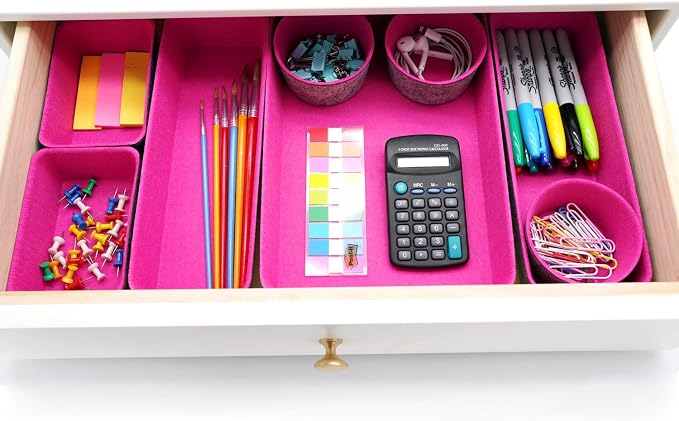Welaxy 8pc Desk Drawer Organizer Bin Jewelry Office Catchall Tray Hot Pink | Sustainable material soft yet sturdy,multi-purpose storage, sleek minimalist lifestyle