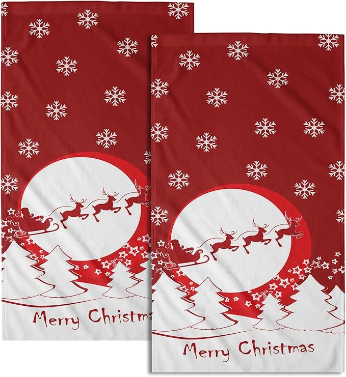 Giwawa Merry Christmas Hand Towel 28.3x14.4in Set of 2 Red Cute Santa Elk Snowflake Christmas Style Ornament Gift Soft Super Absorbent Hand Towels Multipurpose Bathroom, Hotel, Gym and Spa