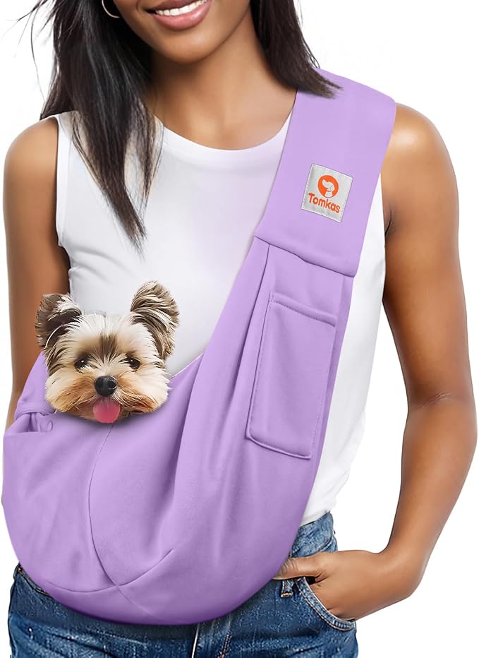Tomkas Small Dog Cat Sling Carrier Puppy Purse Travel Wrap Soft Crossbody Pet Bag (Light purplr, M - Classic Pocket & Classic Strap)