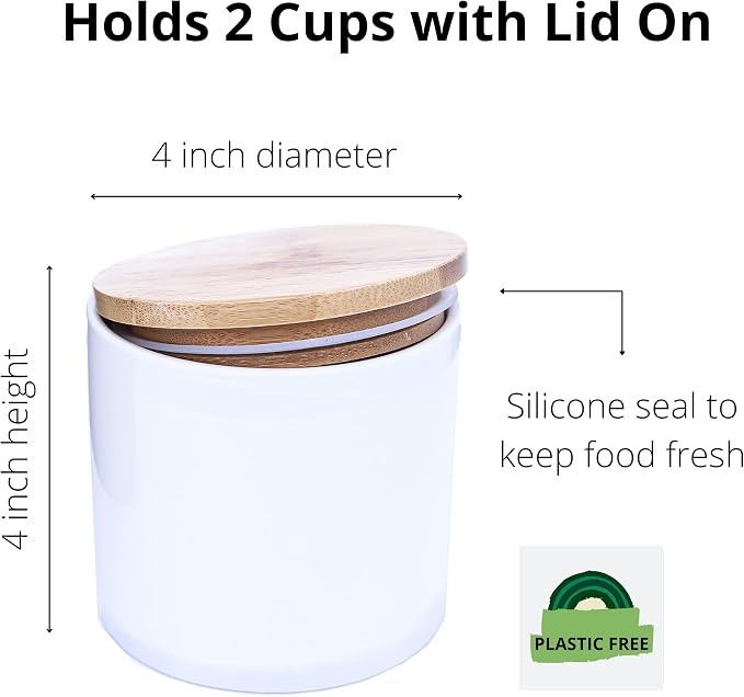 ARTHAUSEN White Ceramic 600mL 2 cup Food Storage Jar Canister with Airtight Bamboo Lid with Silicone Seal, Modern Farmhouse Design Food Container for Counter - Great for Tea Coffee Sugar Caddy