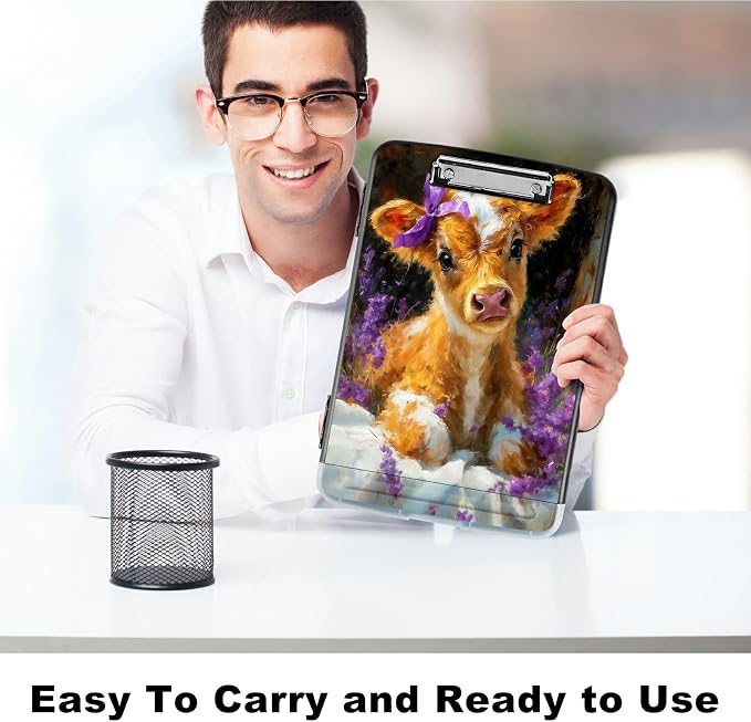 A4 Clipboard with Storage Pen Holder, Clipboards Organizer Nursing Clipboard Foldable File Folder Plastic Clipboard Folio Clip Board for Office Work Classroom Doctor, Lavender Cow